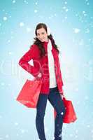 Composite image of cheerful brunette in winter clothes posing an