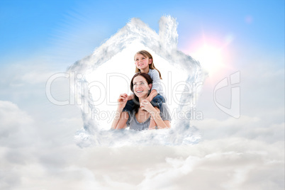 Composite image of cheerful mother giving piggyback ride to her