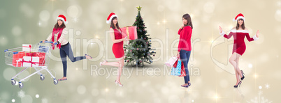 Composite image of festive brunette holding gift bags