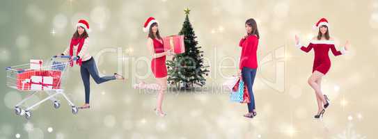 Composite image of festive brunette holding gift bags