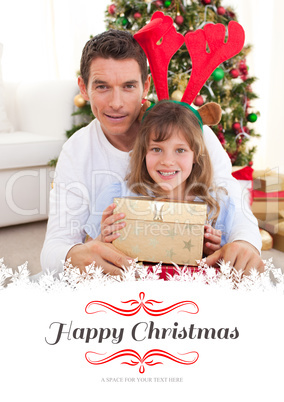 Composite image of portrait of a father and his daughter holding