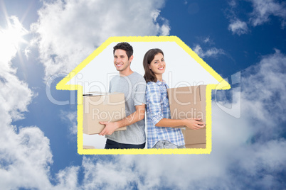 Composite image of wife and husband carrying boxes