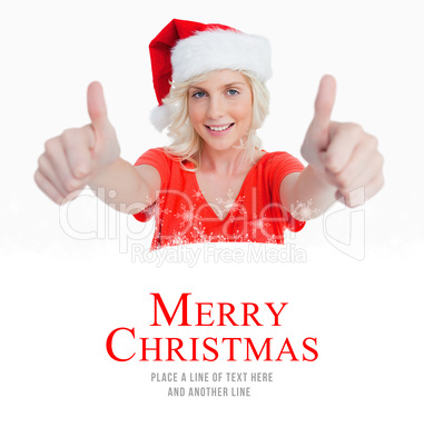 Composite image of smiling young woman putting her thumbs up in