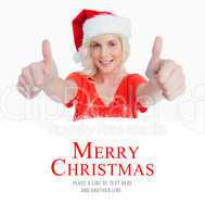 Composite image of smiling young woman putting her thumbs up in