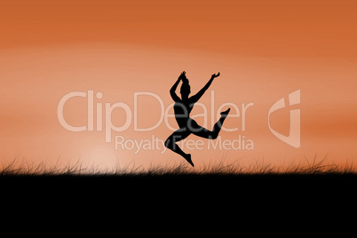 Composite image of fit brunette jumping and posing