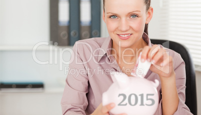 Composite image of a female inserting money in piggy bank
