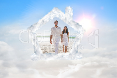 Composite image of beautiful couple holding hands and walking to