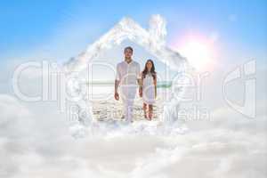 Composite image of beautiful couple holding hands and walking to