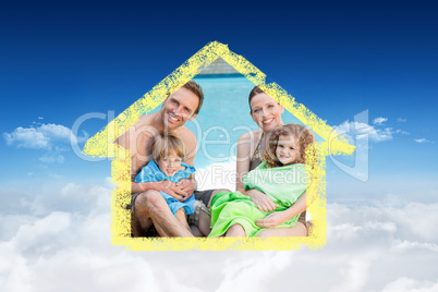 Composite image of portrait of a happy family beside the swimmin