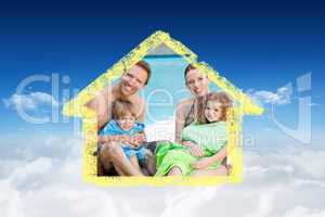 Composite image of portrait of a happy family beside the swimmin