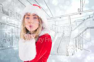 Composite image of pretty santa girl blowing over hand