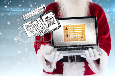 Composite image of santa claus presents a laptop