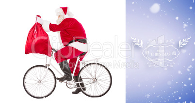 Composite image of santa cycling and holding his sack