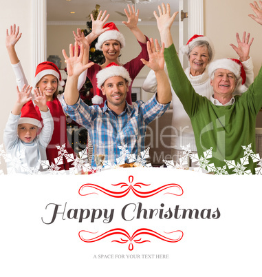 Composite image of happy extended family in santa hat cheering a