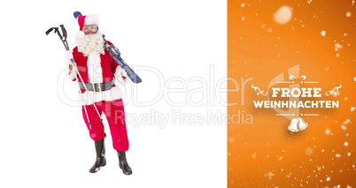 Composite image of santa claus holding ski and ski poles