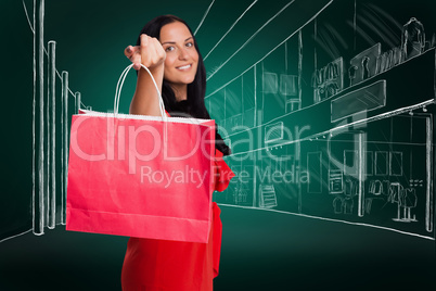 Composite image of woman standing with shopping bag