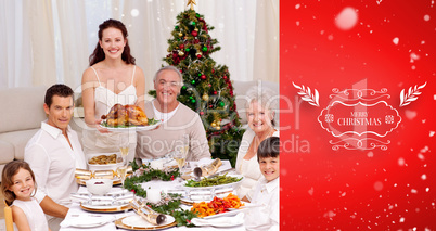 Composite image of family celebrating christmas dinner with turk
