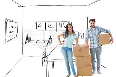 Composite image of attractive young couple with moving boxes