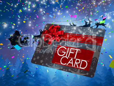 Composite image of santa flying his sleigh behind gift card