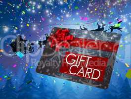 Composite image of santa flying his sleigh behind gift card