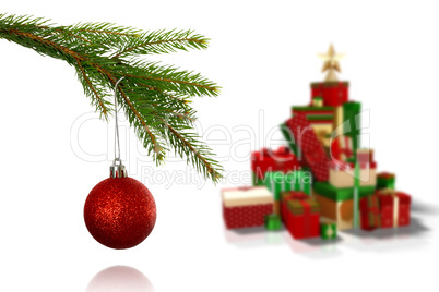 Composite image of red christmas bauble hanging from branch