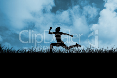 Composite image of fit brunette running and jumping