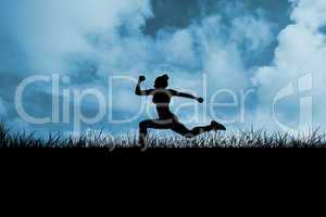 Composite image of fit brunette running and jumping