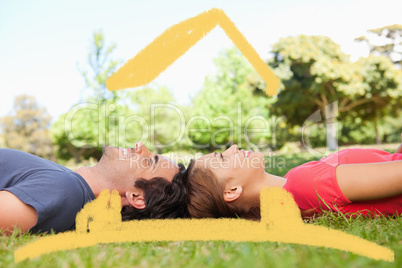 Composite image of two smiling friends looking upwards while lyi