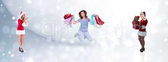 Composite image of santa girl opening gift