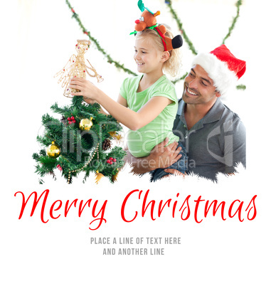 Composite image of cute little girl decorating the christmas tre