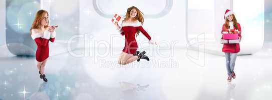 Composite image of festive redhead blowing over hands
