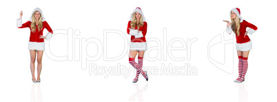 Composite image of pretty girl in santa outfit holding hand up