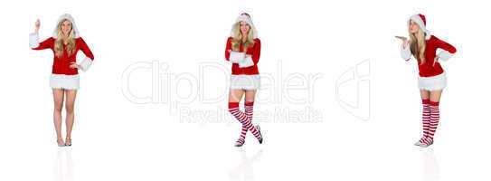 Composite image of pretty girl in santa outfit holding hand up