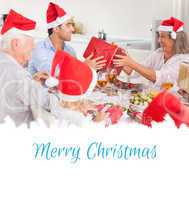 Composite image of happy family exchanging christmas gifts