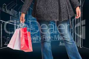 Composite image of smiling woman holding shopping bag