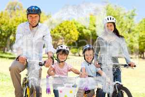 Composite image of family with their bikes