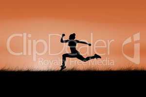 Composite image of fit brunette running and jumping