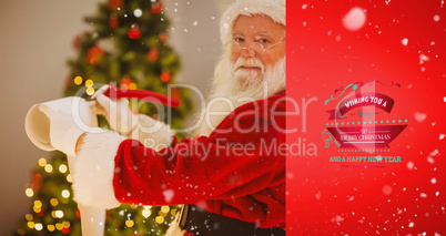 Composite image of smiling santa claus writing list