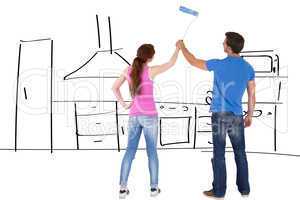 Composite image of couple painting a wall together