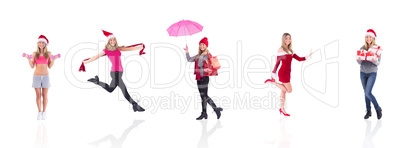 Composite image of festive fit blonde holding dumbbells