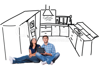 Composite image of young couple sitting on floor with tablet