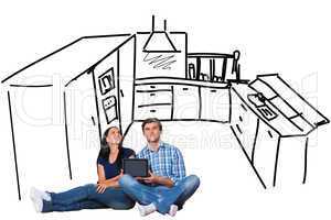 Composite image of young couple sitting on floor with tablet