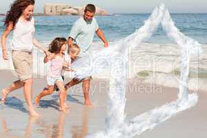 Composite image of family running on the beach
