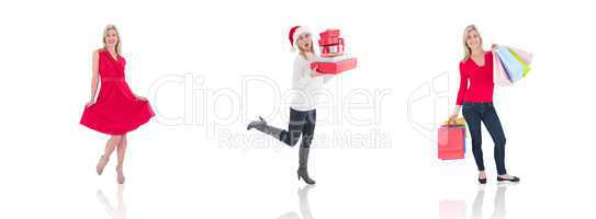 Composite image of happy blonde holding shopping bags