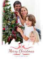 Composite image of young family decorating a christmas tree