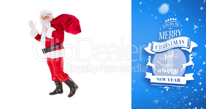 Composite image of santa holding a sack and waving