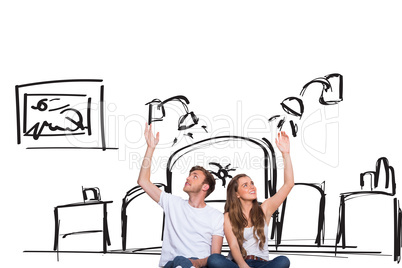 Composite image of happy young couple with hands raised