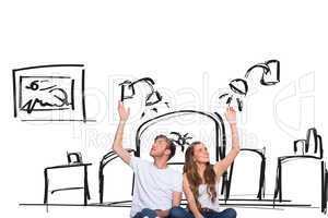 Composite image of happy young couple with hands raised