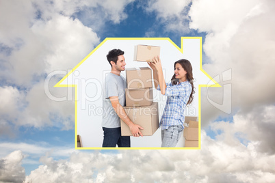Composite image of woman giving boxes to her husband while they