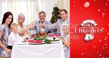 Composite image of family tusting in a christmas dinner